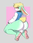  2021 absurd_res animal_crossing anthro balls barefoot big_butt biped blonde_hair blue_eyes blush butt ears_down feet genitals girly hair hi_res lagomorph leporid looking_back male mammal multicolored_body nintendo pink_nose pivoted_ears rabbit rear_view reddrago sasha_(animal_crossing) soles solo two_tone_body video_games 