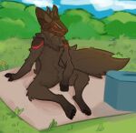  anthro arm_tuft basket brown_body brown_fur champflueries claws container crotch_tuft ear_tuft fluffy fluffy_tail fur grass head_tuft hi_res itzzyy leg_tuft machine male neck_tuft paws picnic picnic_basket picnic_blanket plant protogen protogen_visor red_eyes smile smirk solo tuft 