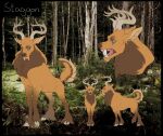  anonymous_artist antlers blue_eyes brown_body brown_fur cervid cervine custom_species fangs feral forest forest_background fur hooves horn male mammal model_sheet nature nature_background open_mouth orange_body orange_fur plant solo stag_leason staggon tree 