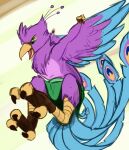  anthro avian beak biped bird bird_feet blue_body bottomwear clothing feathered_crest feathered_wings feathers galliform green_eyes gyro_feather head_crest hi_res jumping male peafowl phasianid pink_body scruffasus skirt solo tail_feathers winged_arms wings 