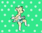  anthro canid canine diaper fox fur green_diaper hi_res male mammal padding ritzcat simple_background sitting solo yellow_body yellow_fur young 