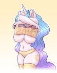  2021 absurd_res anthro anthrofied big_breasts breasts clothed clothing clothing_lift dandy_(artist) equid equine female friendship_is_magic hair hasbro hi_res horn inner_ear_fluff legwear long_hair mammal multicolored_hair my_little_pony navel panties princess_celestia_(mlp) shirt shirt_lift solo thigh_highs topwear tuft underwear unicorn 