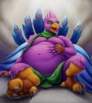 absurd_res anthro avian beak biped bird bird_feet blue_body clothing feathered_crest feathered_wings feathers galliform green_eyes gyro_feather head_crest hi_res male overweight peafowl phasianid pink_body scarf solo tail_feathers vittorionobile winged_arms wings 