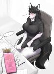  2021 ? absurd_res anthro ava_(kakhao) big_breasts black_hair blush bodily_fluids breasts bulge canid canine caught chair clothed clothing desk digital_media_(artwork) duo erection erection_under_clothing erection_under_skirt food fur furniture genitals gynomorph hair hi_res hiding_penis intersex kakhao mammal office_chair penis pocky poking_out poking_penis red_eyes sitting solo_focus sweat white_body white_fur yellow_eyes 