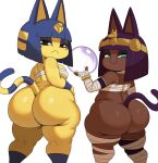  2021 absurd_res animal_crossing animal_humanoid ankha_(animal_crossing) anthro big_butt blue_hair bottomless butt capcom cat_humanoid clothed clothing crystal_ball dark_body dark_skin domestic_cat duo felid felid_humanoid feline feline_humanoid felis female hair hi_res huge_butt humanoid looking_at_viewer looking_back looking_back_at_viewer mammal mammal_humanoid menat_(street_fighter) mummy_wrappings neco-arc nintendo overweight short_stack simple_background sssonic2 standing street_fighter thick_thighs uraeus video_games white_background wide_hips 