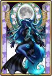  4322chan anthro art_nouveau black_clothing blue_body blue_hair canid canine canis card clothed clothing detailed_background dress eyes_closed female floating hair hi_res hybrid light mammal moon moonlight nyx_(icebounde) solo sparkles tarot_card wolf 