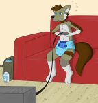  absurd_res anthro blue_diaper blue_eyes canid canine canis controller diaper furniture game_controller hi_res male mammal omorashi padding ritzcat sitting sofa solo wolf 