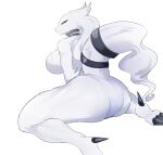  2021 absurd_res anthro anthrofied big_breasts big_butt blue_eyes breasts butt claws clothing female fur hi_res kakhao kneeling legendary_pok&eacute;mon nintendo panties pok&eacute;mon pok&eacute;mon_(species) pok&eacute;morph reshiram simple_background solo toe_claws underwear video_games white_background white_body white_fur 