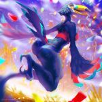  1:1 anthro avian bird blue_body blue_feathers breasts butt clothed clothing feathers female momobeda solo toucan 