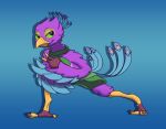  anthro avian beak biped bird bird_feet blue_body clothing feathered_crest feathered_wings feathers galliform gesture green_eyes gyro_feather head_crest hi_res lunging macehello male peafowl phasianid pink_body scarf solo tail_feathers v_sign winged_arms wings 