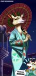 animal_crossing anthro asian_clothing cervid cervine clothing crimsonbladeronin cutaway dialogue digital_media_(artwork) east_asian_clothing english_text female fingers hi_res hooved_fingers hooves horn japanese_clothing kimono mammal nintendo shaded shino_(animal_crossing) snow solo text umbrella video_games 