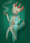  animal_crossing anthro asian_clothing breasts cervid cervine clothed clothing digital_media_(artwork) east_asian_clothing female fingers hi_res hooved_fingers hooves horn japanese_clothing kimono looking_at_viewer lovelymaggiewings mammal nintendo nipples off_shoulder shaded shino_(animal_crossing) smoking smoking_pipe solo video_games 