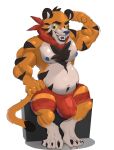  absurd_res alpha_channel anonymous_artist belly big_belly big_bulge body_hair bulge chest_hair clothing felid flexing frosted_flakes hi_res kellogg&#039;s male mammal mascot nipples orange_body pantherine pecs scarf simple_background tiger tight_clothing tony_the_tiger 