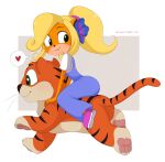  &lt;3 absurd_res activision anthro bandicoot blonde_hair clothing coco_bandicoot crash_bandicoot_(series) digital_media_(artwork) duo felid female feral hair hi_res male mammal marsupial merunyaa overalls pantherine pawpads pura_(crash_bandicoot) riding shaded text tiger url video_games 