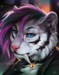  anthro black_stripes blue_eyes ear_piercing eyebrows eyelashes felid female flesh_tunnel fur gauged_ear goldendruid hair hi_res machairodontine mammal orange_body orange_fur pantherine piercing purple_hair solo striped_body striped_fur stripes teeth tiger white_body white_fur 