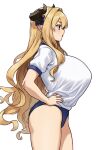  big_breasts blonde_hair bloomers blue_eyes bottomwear breasts butt clothing digital_media_(artwork) draph female granblue_fantasy gym_bottomwear gym_clothing gym_uniform hair hands_on_hip hi_res horn horned_humanoid houtengeki huge_breasts humanoid humanoid_pointy_ears mammal not_furry razia_(granblue_fantasy) uniform 