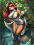  2021 3:4 5_fingers amur anthro areola breasts canid canine clothed clothing day detailed_background digital_drawing_(artwork) digital_media_(artwork) eyebrows eyelashes female fingers forest fox green_eyes hair hi_res mammal outside plant red_hair smile solo standing tree 