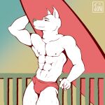  1:1 anthro canid canine canis cigarette clothing colored_sketch digital_drawing_(artwork) digital_media_(artwork) domestic_dog fur gradient_background hi_res juwunipur male mammal muscle_tone muscular muscular_anthro muscular_male profile simple_background smile standing surfboard underwear white_body white_fur 