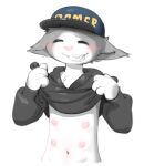  anthro blush clothed clothing digital_drawing_(artwork) digital_media_(artwork) domestic_cat eyes_closed felid feline felis fur grey_body grey_fur hat headgear headwear hoodie hoodie_lift male mammal multi_nipple nipples pink_nose presenting smile snapback_hat solo text text_on_clothing text_on_hat text_on_headwear thrustmo topwear 