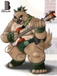  2021 anthro belly blush bodily_fluids brown_body brown_fur canid canine canis domestic_dog fur hi_res humanoid_hands kemono lifewonders male mammal mind_drive mizuse_higomaru moobs musical_instrument nipples overweight overweight_anthro overweight_male scar solo sweat tokyo_afterschool_summoners video_games yasuyori 