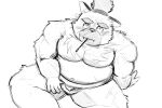  2021 3:2 anthro belly canid canine canis domestic_dog food hi_res humanoid_hands kemono lifewonders male mammal mohumohudansi monochrome moobs navel overweight overweight_male pocky scar simple_background sitting sketch solo tokyo_afterschool_summoners video_games white_background yasuyori 