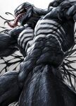  2021 abs alien biceps big_muscles black_body bodily_fluids claws detailed digital_media_(artwork) dripping featureless_crotch finger_claws hi_res humanoid long_tongue low-angle_view male markings marvel mtfoxx muscular muscular_humanoid muscular_male muscular_thighs not_furry open_mouth pecs quads saliva saliva_drip sharp_teeth solo symbiote teeth tongue tongue_out venom_(marvel) white_markings 