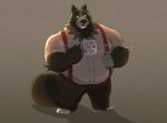  2021 anthro belly bottomwear canid canine clothing green_body hi_res male mammal mug overweight overweight_male pants raccoon_dog runxforest shirt simple_background solo suspenders tanuki topwear 