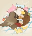  2017 accipitrid accipitriform animal_crossing anthro apollo_(animal_crossing) apple avian bald_eagle beak bird black_clothing black_topwear black_vest blush bottomless bottomwear brown_body brown_feathers clothed clothing digital_media_(artwork) duo eagle eyes_closed feather_hands feathered_wings feathers flat_colors fully_clothed hi_res human kijima222 larger_anthro lying male mammal multicolored_body multicolored_feathers nintendo on_side open_beak open_mouth pillow sea_eagle size_difference sleeping smaller_human tail_feathers topwear translated_description two_tone_body two_tone_feathers video_games villager_(animal_crossing) white_body white_feathers wings yarn yellow_beak 