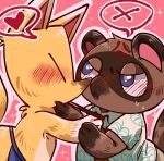  angry animal_crossing anthro blue_eyes blush canid canine crazy_redd duo embarrassed food fox hi_res male male/male mammal nintendo pocky pocky_day pocky_game pocky_in_mouth raccoon_dog shandrawaka tanuki tom_nook_(animal_crossing) video_games 