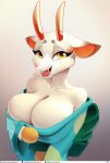  2021 animal_crossing anthro big_breasts breasts cervid digital_media_(artwork) don_ko female front_view hi_res hooves horn lips looking_at_viewer mammal nintendo open_mouth open_smile shaded shino_(animal_crossing) simple_background smile solo text thick_bottom_lip url video_games yellow_eyes 