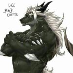  anthro black_body claws countershading dragon draig english_text front_view greyscale hair half-length_portrait horn male monochrome portrait simple_background solo text three-quarter_view unknown_artist white_background white_hair 