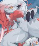  absurd_res ambiguous_gender anthro black_claws canid canine chest_tuft claws crotch_tuft duo feral finger_claws fur hair head_tuft hi_res hisuian_zoroark hisuian_zorua huka inner_ear_fluff long_hair looking_at_another low-angle_view mammal navel night nintendo pok&eacute;mon pok&eacute;mon_(species) pokemon_legends_arceus red_body red_eyes red_fur regional_form_(pok&eacute;mon) shaded sky solo_focus star starry_sky tuft video_games white_body white_fur yellow_eyes yellow_sclera 