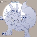  1:1 animal_genitalia balls bandai_namco black_sclera breasts chest_tuft digimon digimon_(species) erection flat_colors fur genitals gynomorph hi_res intersex minze nipples penis raised_tail renamon sheath solo spread_legs spreading tuft 