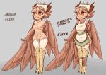  apron avian blasticussaturn breasts brown_body brown_feathers clothing dark_body dark_skin english_text european_mythology feathers female greek_mythology harpy headgear headwear hi_res humanoid mythological_avian mythology nipples nude red_eyes signature simple_background smile solo talons text wings 