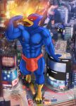  2021 absurd_res anthro avian bird blue_body blue_feathers bottomwear building bulge city clothing destruction falco_lombardi feathers fire genital_outline hi_res high-angle_view imminent_vore kovaltiel macro male nintendo open_mouth skyscraper solo speedo star_fox stomping swimwear video_games 