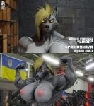  3d_(artwork) absurd_res anthro areola biceps big_breasts bodily_fluids breasts canid canine canis digital_media_(artwork) female flexing hi_res linda_gronyvsky mammal muscular muscular_female nipples qr_code solo sweat vein wet wolf zi0808 
