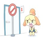  6:5 animal_crossing anthro bathroom blonde_hair bodily_fluids bottomwear buckteeth canid canine canis clothed clothing desperation domestic_dog door female female_symbol fur gender_symbol hair holding_crotch isabelle_(animal_crossing) knock-kneed mammal nintendo no_symbol omorashi open_mouth restricted shih_tzu shirt sign skirt solo symbol tears teeth topwear toy_dog video_games wadorigi yellow_body yellow_fur 