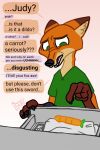  2:3 anthro black_nose canid canine canis carrot carrot_dildo claws clothed clothing concerned dialogue dialogue_box dildo disney drawer english_text eyebrows fingers food fox fur gesture green_clothing green_eyes hi_res humor inner_ear_fluff male mammal multicolored_body multicolored_fur nick_wilde orange_body orange_fur pawpads paws plant pointing sex_toy simple_background simple_eyes solo speech_bubble sweet.lemons teeth text tuft two_tone_body two_tone_fur vegetable zootopia 