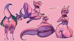  16:9 anthro anus bedroom_eyes bent_over bottomwear breasts butt clothed clothing digital_media_(artwork) female garnet_(frostburn) genitals hi_res horn kawfee kobold looking_at_viewer looking_back lying narrowed_eyes nipples no_underwear non-mammal_breasts nude on_side pink_background pink_body pink_nipples pink_scales pussy raised_tail rear_view scales scalie seductive shaded simple_background skirt smile solo spread_legs spreading standing text thick_thighs tongue tongue_out upskirt wide_hips widescreen 