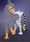  absurd_res accessory avian beak bird_feet blue_eyes feathered_wings feathers feral furgonomics grey_body gryphon hair_accessory hair_tie hi_res livid-silver male markings mythological_avian mythology orange_markings paws ruzzy solo spots standing tail_accessory wings zebra_finch 