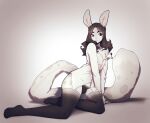  2021 absurd_res anthro bare_shoulders bottomless brown_eyes bulge claws clothed clothing collared_shirt digital_media_(artwork) emiko_(bludii) felid fluffy fluffy_tail hair hi_res lagomorph legwear leporid long_ears long_hair looking_at_viewer male mammal open_clothing open_shirt open_topwear pantherine partially_clothed pinup portrait pose rabbit shirt simple_background sitting smile snow_leopard solo suelix thigh_highs topwear underwear vampire vignette white_background 