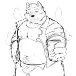  1:1 2021 anthro belly bodily_fluids bottomwear canid canine canis clothed clothing domestic_dog hi_res humanoid_hands kemono male mammal monochrome moobs navel nipples open_clothing open_shirt open_topwear overweight overweight_male pants shirt simple_background solo sweat topwear white_background whitebeast20 