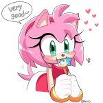  &lt;3 1:1 4622j accessory amy_rose anthro black_nose blush bracelet clothing dialogue_box dress english_text eulipotyphlan eyelashes female food fur green_eyes hair_accessory hairband handwear hedgehog hi_res jewelry mammal pink_body pink_fur popsicle sega simple_background solo sonic_popsicle sonic_the_hedgehog_(series) tail_motion tailwag text white_background 