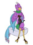  anthro askspades avian beak biped bird bird_feet blue_body clothing domestic_cat duo feathered_crest feathered_wings feathers felid feline felis feral galliform green_eyes gyro_feather head_crest male mammal peafowl petting phasianid pink_body scarf sitting tail_feathers winged_arms wings 