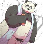  2021 anthro balls belly black_body black_nose eyes_closed flaccid genitals giant_panda hi_res kemono male mammal moobs navel overweight overweight_male penis small_penis solo suishou0602 towel towel_around_neck ursid white_body 