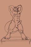  2:3 abs anthro balls dinosaur erection genitals hands_behind_head hi_res male monochrome muscular muscular_male nipples nude penis pose reptile scalie sennith solo theropod tyrannosaurid tyrannosaurus 