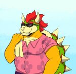  aloha_shirt anthro bowser clothing eyebrows eyewear hair half-length_portrait hi_res horn koopa male mangomilkshake mario_bros nintendo pattern_clothing pattern_shirt pattern_topwear pink_clothing pink_shirt pink_topwear portrait red_eyes red_hair reptile scalie shaded shell shirt simple_background solo spiked_shell spikes spikes_(anatomy) sunglasses thick_eyebrows toothy_grin topwear towel video_games yellow_body 