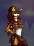  3:4 anthro aztec bottomwear brown_hair canid canine canis clothed clothing domestic_dog dress ear_piercing female fur hair hi_res madlaine_mckraven mammal piercing pinup pomeranian pose red_clothing skirt solo spitz teasing underwear yellow_body yellow_fur zaiksmckraven 