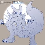  1:1 animal_genitalia balls bandai_namco black_sclera breasts chest_tuft digimon digimon_(species) flat_colors fur genitals gynomorph hi_res intersex minze nipples paws penis raised_tail renamon sheath solo spread_legs spreading tuft 