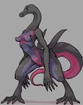  anthro anthrofied beauty_mark black_body black_scales breasts cleft_of_venus digitigrade erect_nipples female genitals grey_background hi_res long_neck nintendo nipples non-mammal_breasts nude pink_body pink_nipples pink_scales plump_labia pok&eacute;mon pok&eacute;mon_(species) purple_body purple_eyes purple_scales pussy salazzle scales semi-anthro simple_background small_breasts small_waist smile solo tokumori_kaisen video_games visible_ribs wide_hips womb_tattoo 